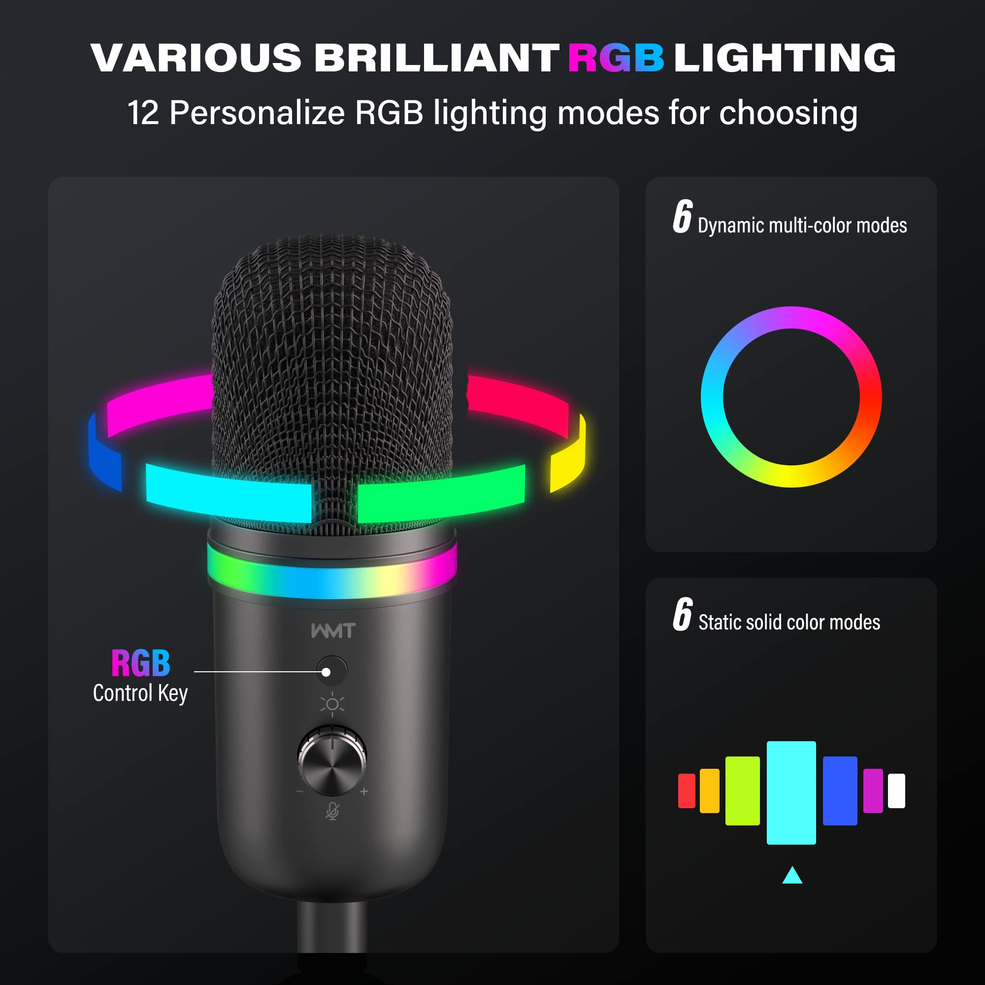 Wmt Usb Microphone   Condenser Gaming Microphone For Pc/Mac/Ps4/Ps5/Phone  Cardioid Mic With Brilliant Rgb Lighting Headphone Ou